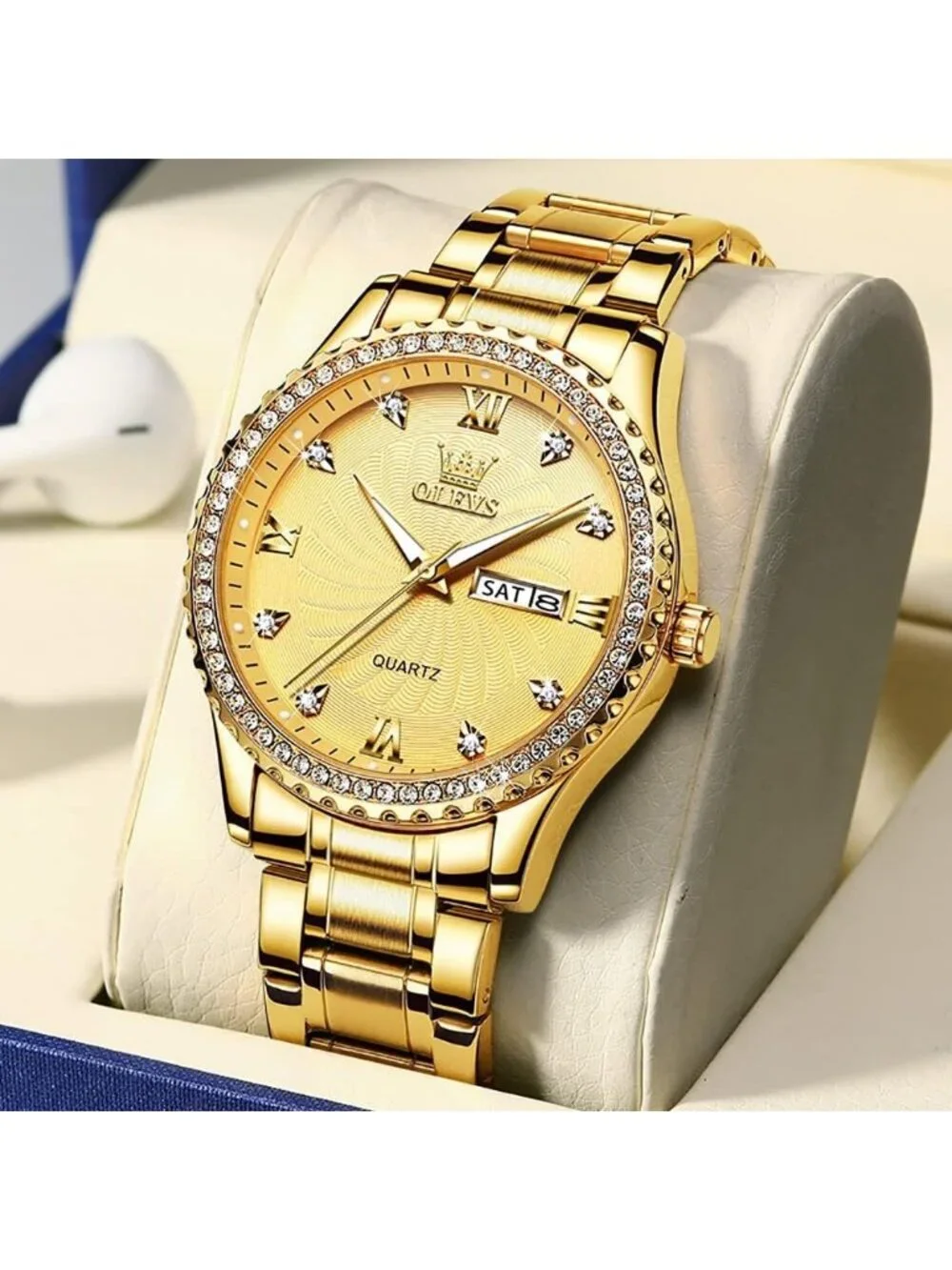 Men's All Gold Stainless Steel Analog Quartz Classic Waterproof Diamond Watch